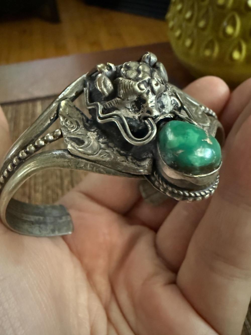 Tibetan Dragon Turquoise Cuff Bracelet Silver Metal Antique Vintage Artisan - Picture 2 of 12